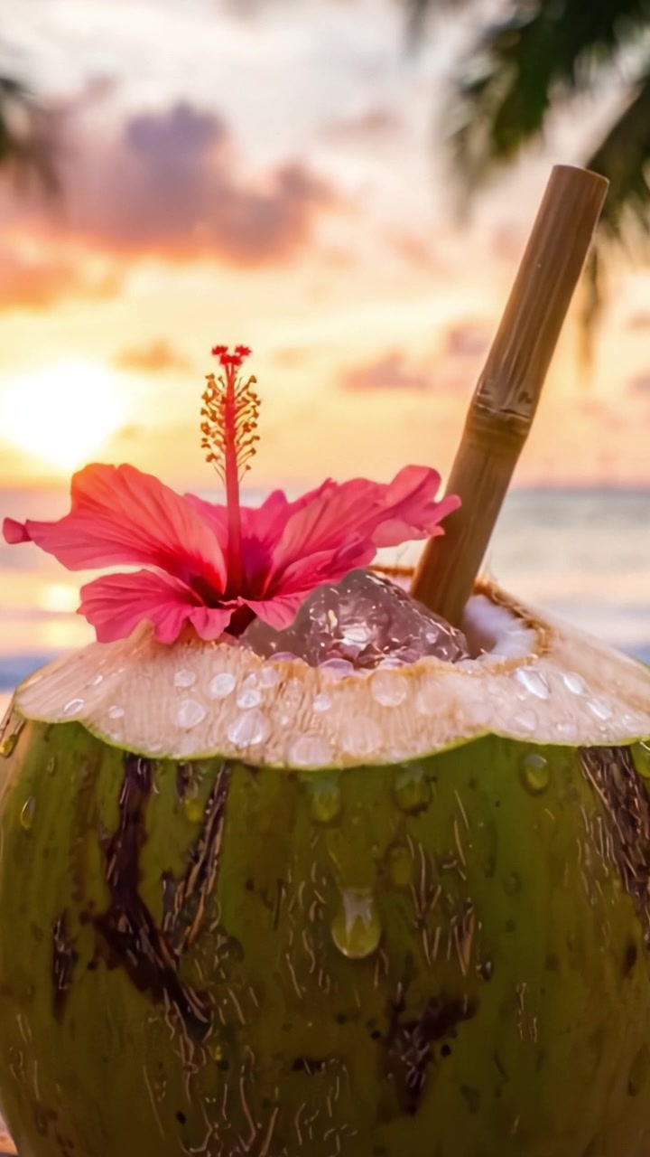 Una bevanda rinfrescante al cocco con un vivace fiore di ibisco, servita in spiaggia al tramonto, che cattura l'essenza del relax e della serenità di un paradiso tropicale.