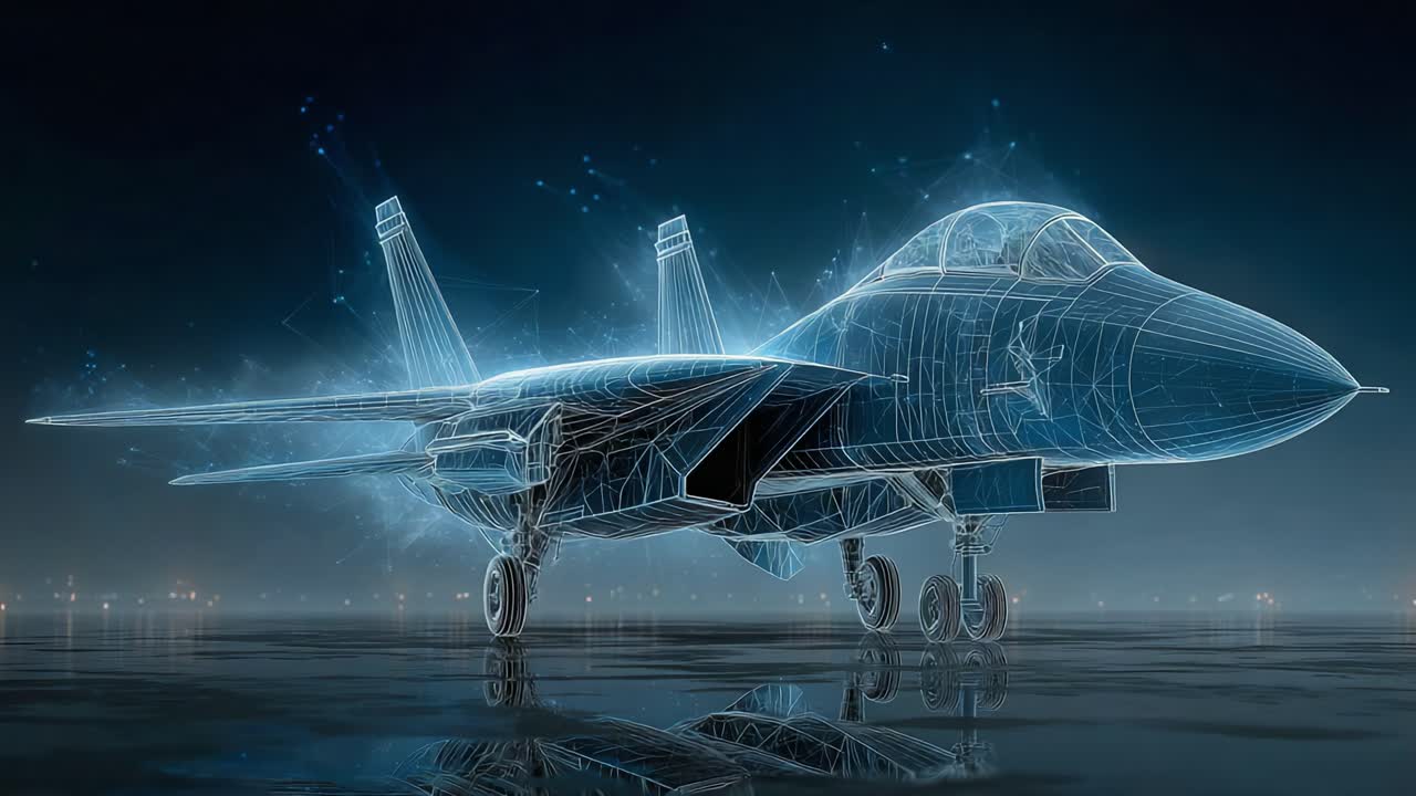 A Futuristic Wireframe Representation of a Cutting-Edge Fighter Jet Showcasing Advanced Design and Technology with a High-Tech Aesthetic in a Digital Environment