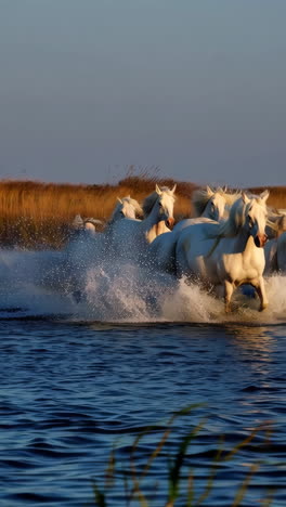 white horses galloping and splashing through water at sunset