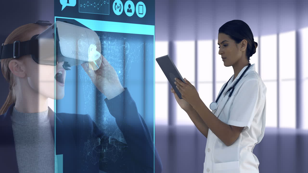 Animación de realidad virtual de un doctor usando una tablet sobre un profesional médico examinando datos