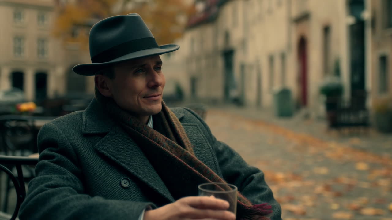 Uomo bianco in un caffè all'aperto, autunno, seduto a un tavolino con un bicchiere di whisky, fedora grigia, sciarpa di lana