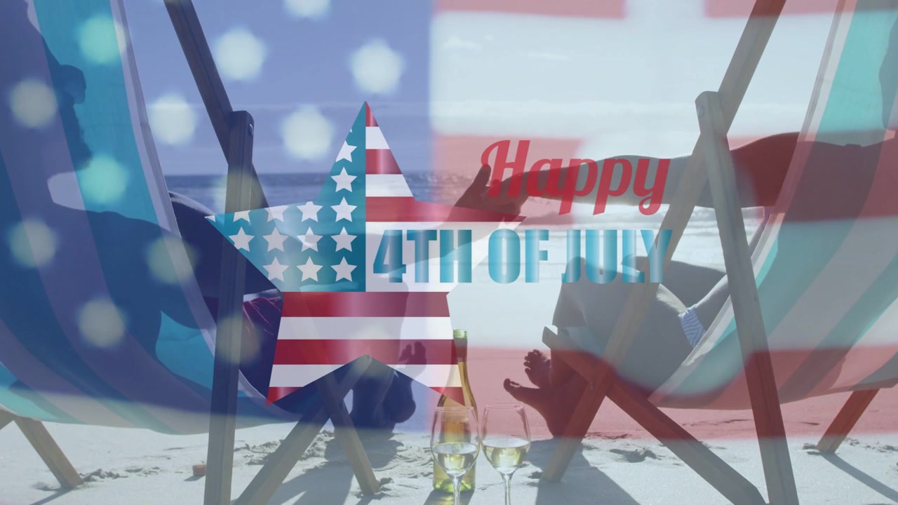 ビーチで手を伸ばし合うカップル。「Happy 4TH OF JULY」のオーバーレイがカップルとボトルに表示され始める。