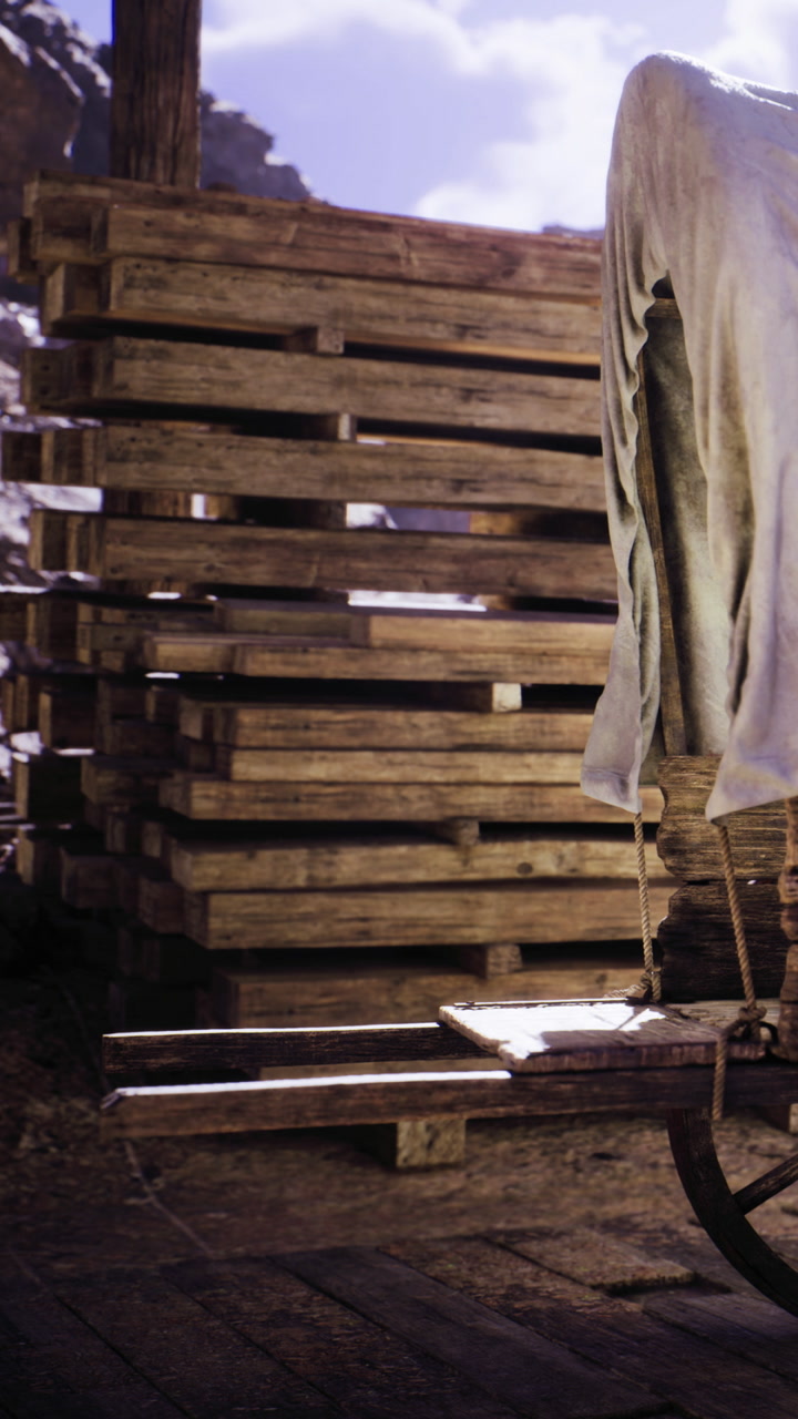 Old wooden structure supports a ghostly figure in a rustic setting