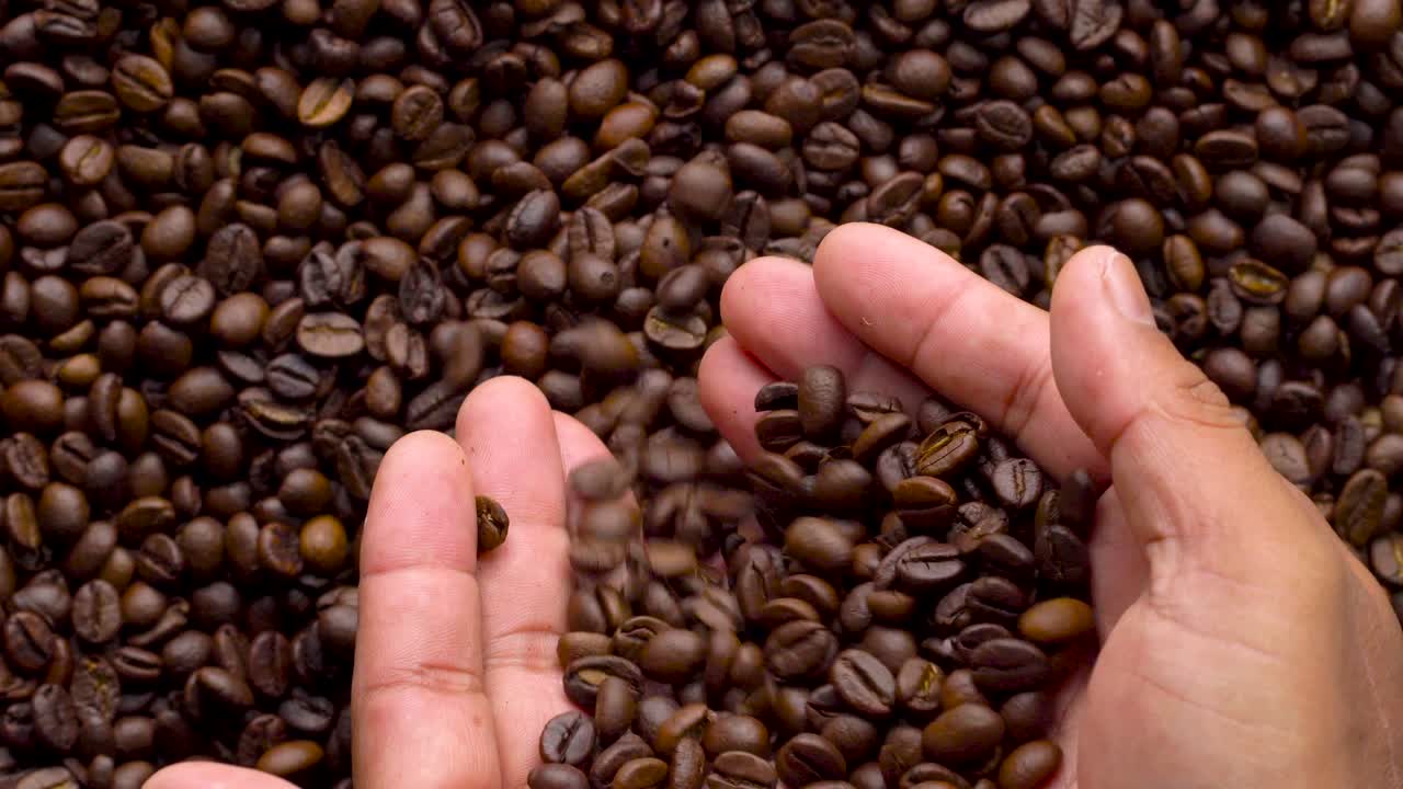 4k 영상 4096x2304p: 향기로운 커피 콩이 김판에 여 있으며, 커피 에서 연기가 나옵니다. 전체 구성은 카메라 주위를 천천히 스크롤합니다.