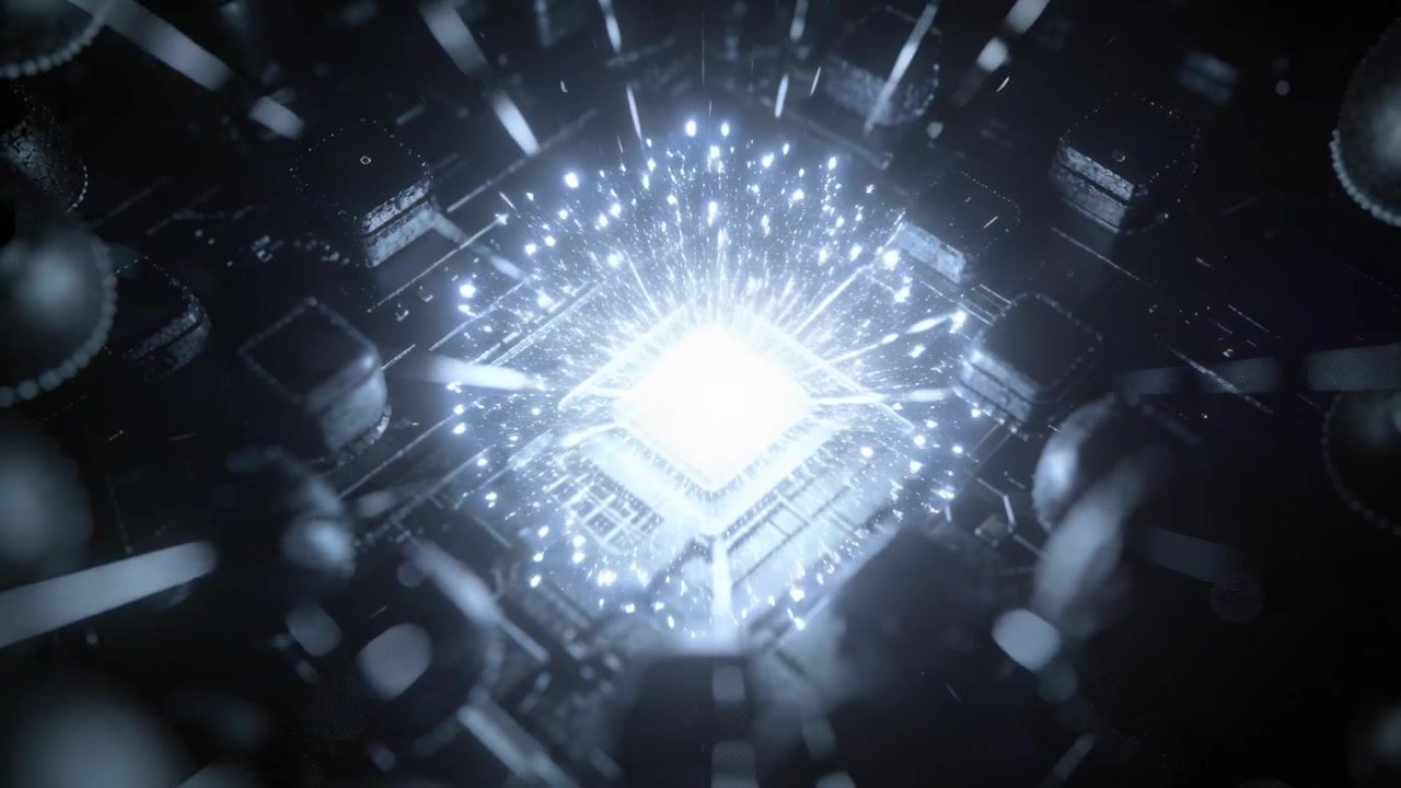 Surging processor core expanding, emitting beams inside metal chamber after power surge, particles