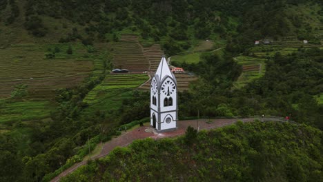 Nossa Senhora de Fatima Chapel On The Hilltop In Sao Vicente, Madeira Island, Portugal. - aerial shot