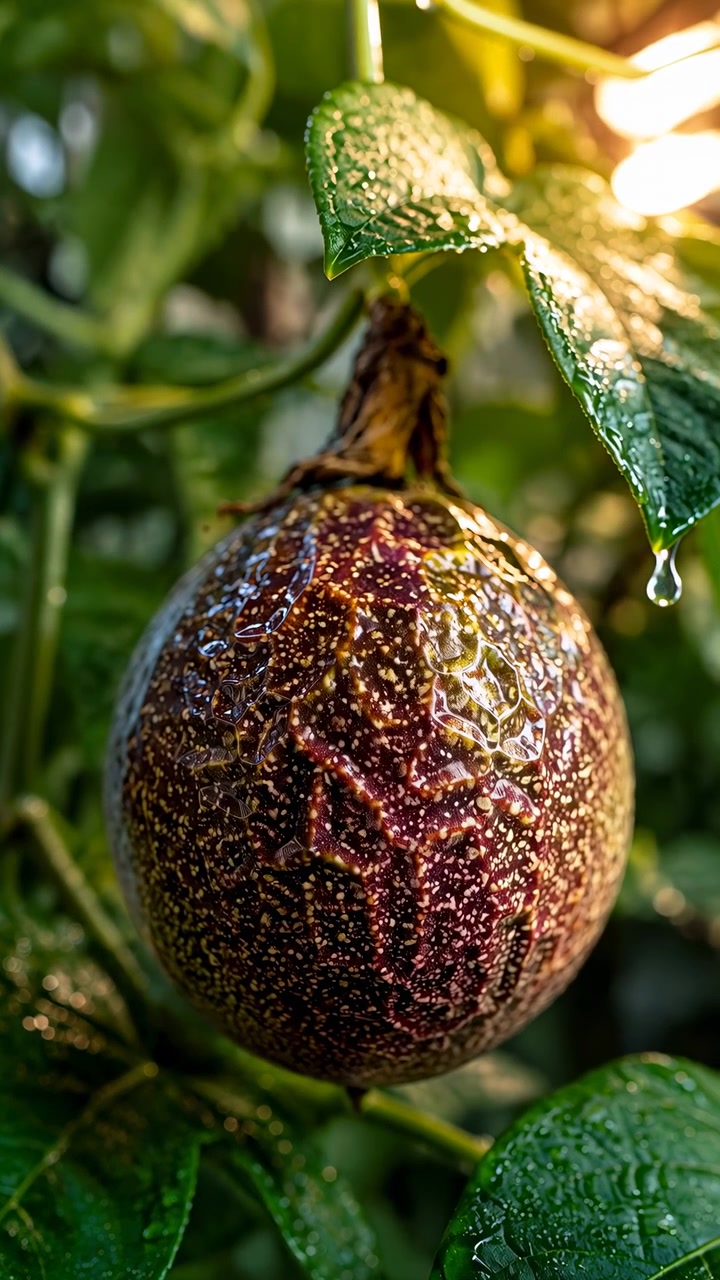 Un frutto della passione maturo pende sotto una foglia bagnata a forma di cuore, con goccioline chiare che aderiscono al gambo e al fogliame, una buccia screziata viola-marrone, una morbida retroilluminazione e una ricca texture naturale da giardino, con frutto della passione