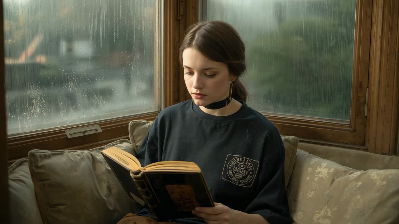 Pembukaan wanita hardback pembaca membaca teks membalik halaman di kursi teluk hujan, emblem kaus sweater