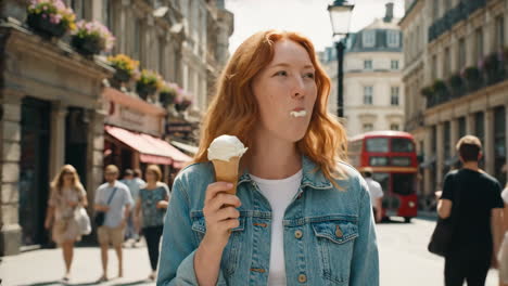 young woman enjoying ice cream on a city street