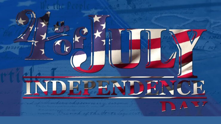 4th of July animation with text, constitution, flag, and military tag visuals.