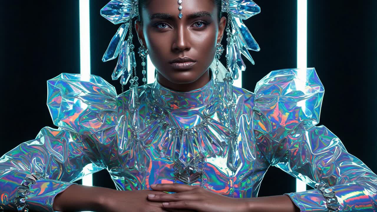 A captivating portrait showcasing a striking individual adorned in holographic fashion, radiating confidence and elegance amidst a futuristic backdrop of neon lights