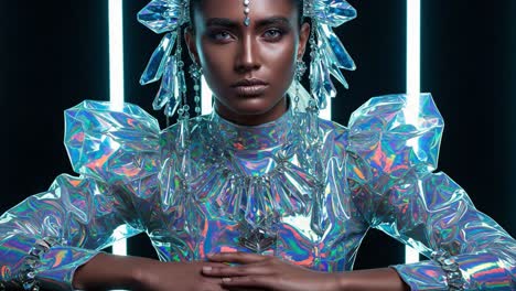 a captivating portrait showcasing a striking individual adorned in holographic fashion, radiating confidence and elegance amidst a futuristic backdrop of neon lights