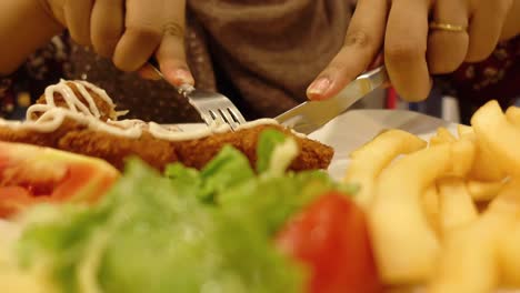 woman eating a fried chicken plate with fries and salad