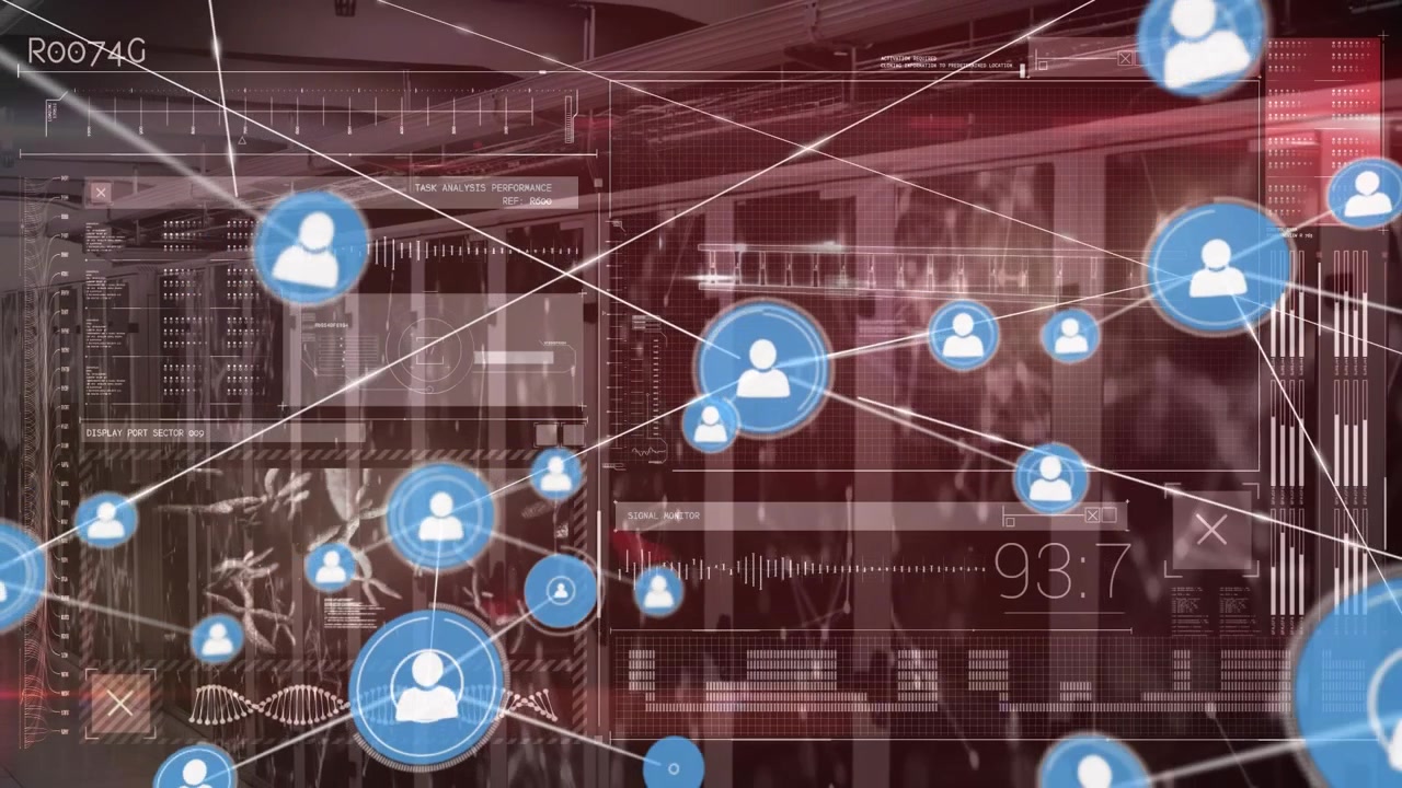 Animation of network of connections and data processing over server room