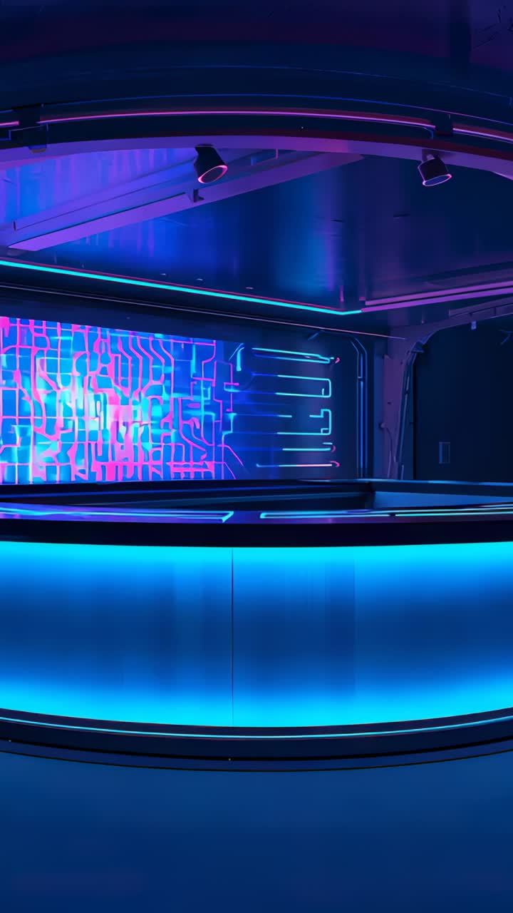 Video verticale: bancone curvo luminoso che riflette impulsi al neon in una sala, parete a LED che avvia il ciclo