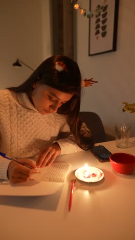 mujer escribiendo una carta en casa en un entorno acogedor