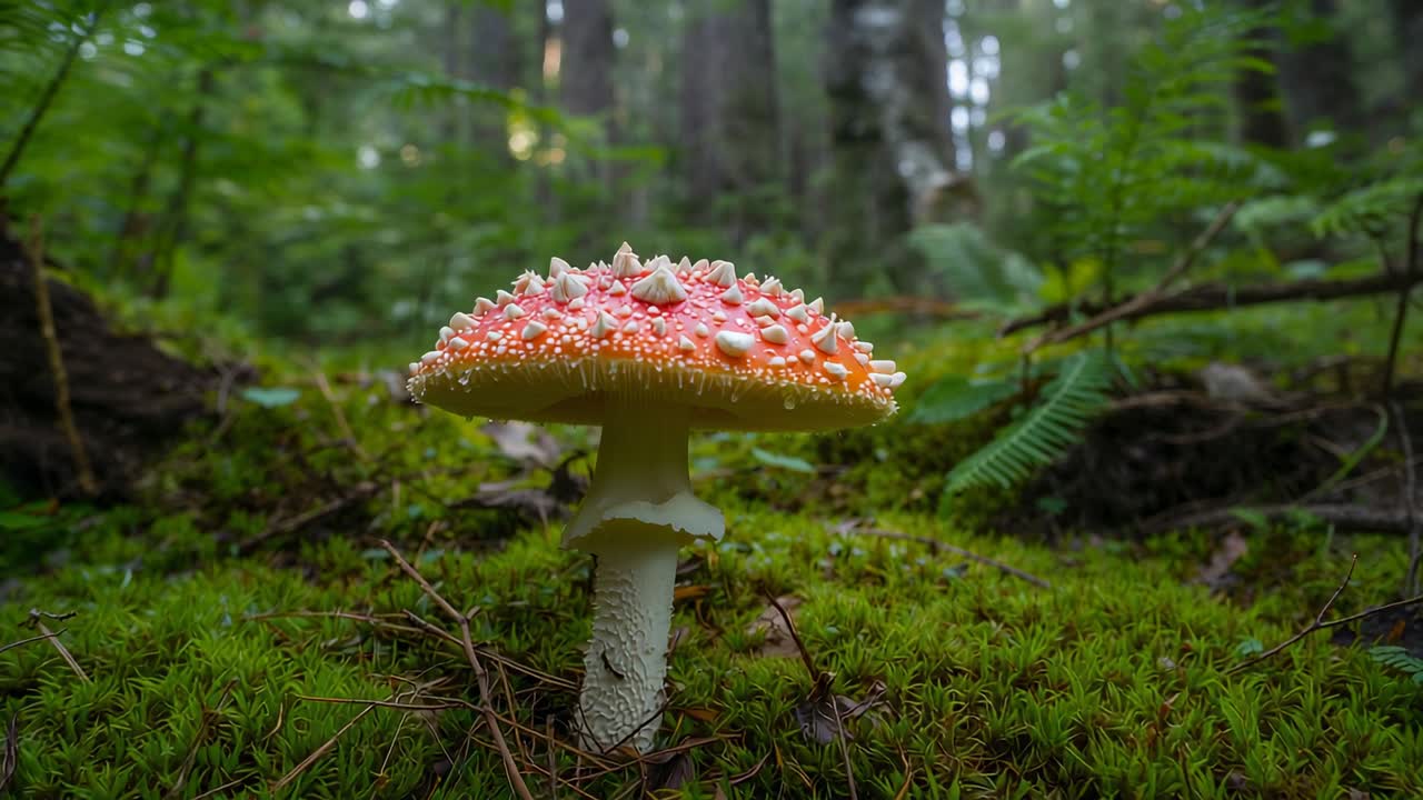 Moving camera revealing red mushroom with warts and droplets on forest moss, showing cap texture
