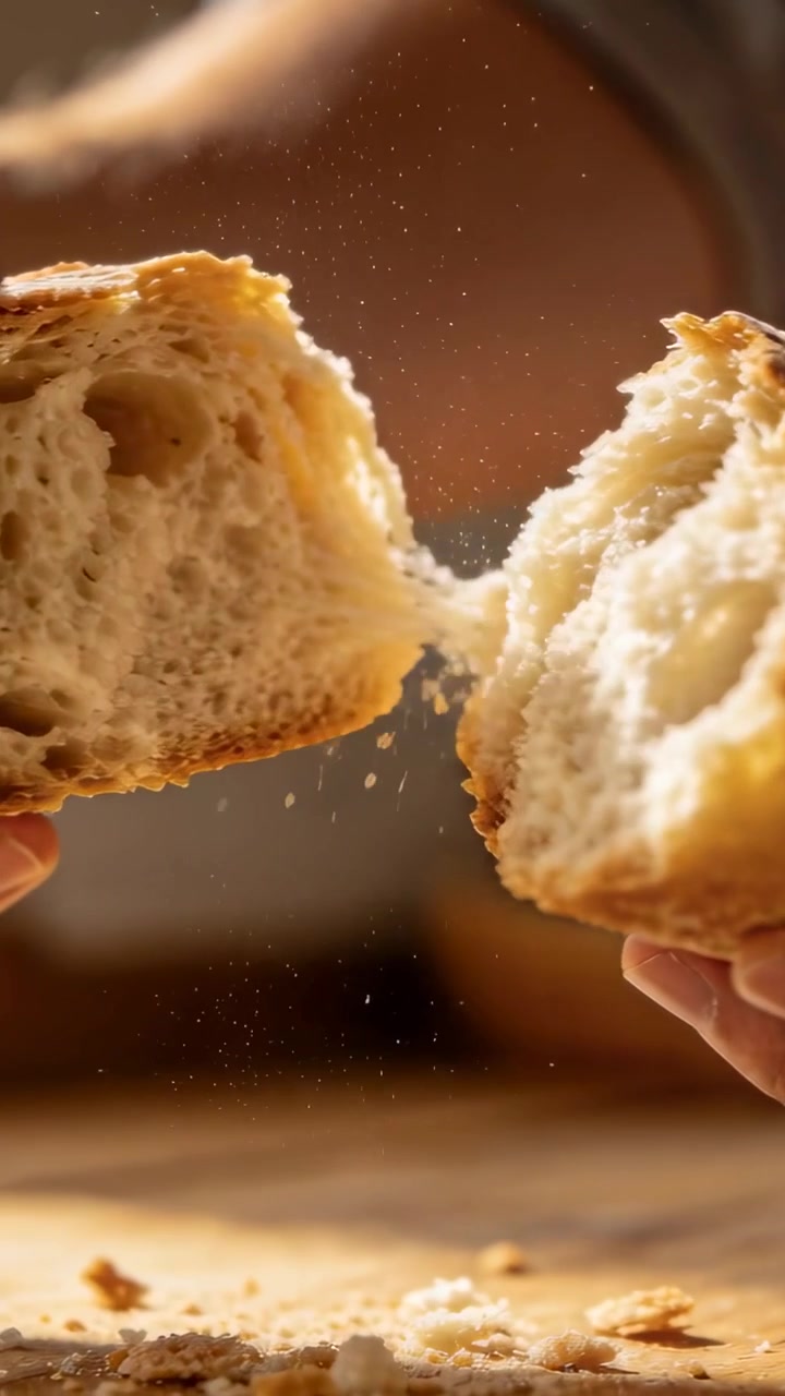 Vertical video: Gripping person pulling crusty loaf apart on board, revealing crumb, crumbs falling