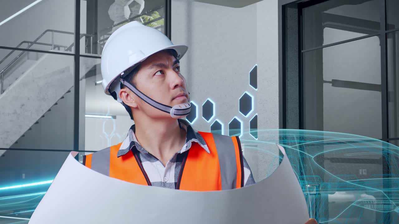 안전 헬을 입은 아시아 남성 엔지니어가 손에 블루프린트를 들고 서서 주변을 둘러보며 전기 차량, 첨단 산업 시설의 개념을 가지고 있습니다.