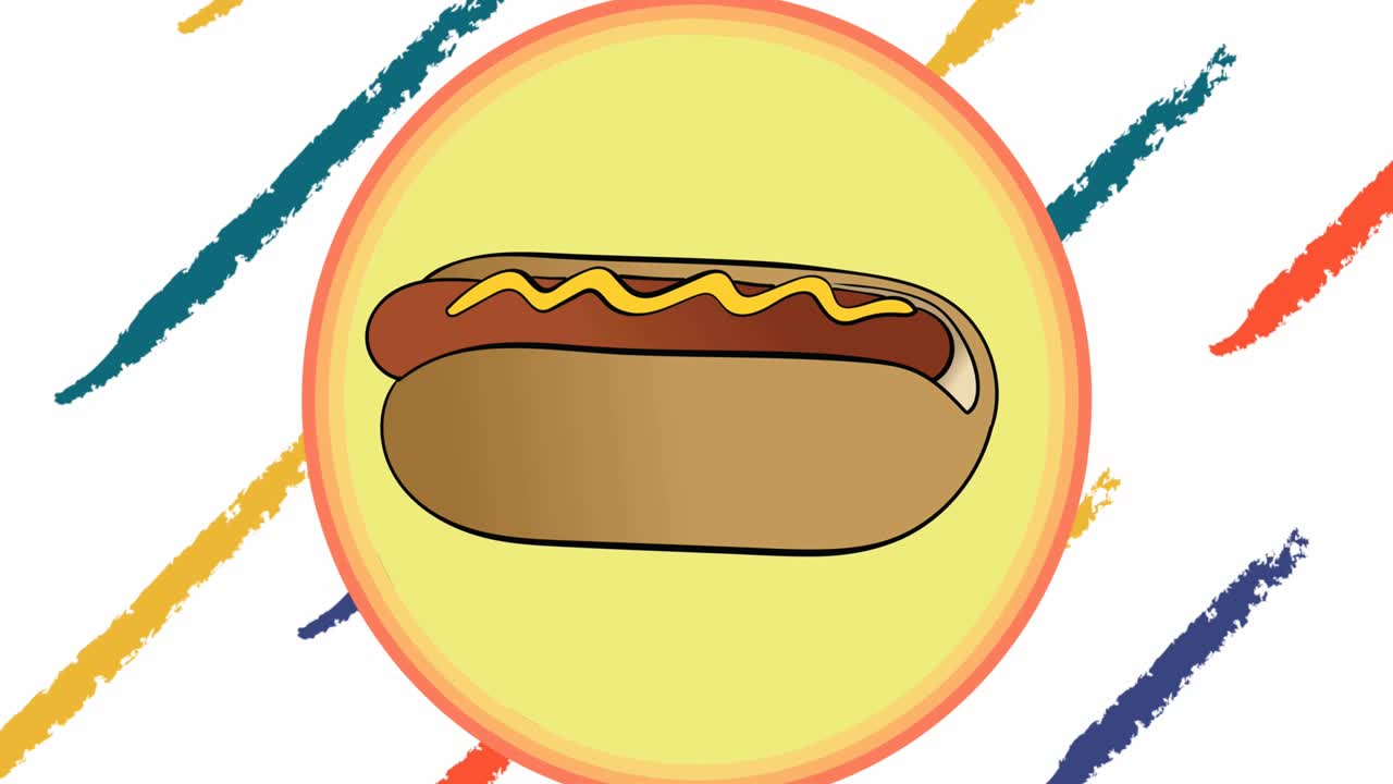 Animatie van hotdog in gele cirkel met kleurrijke getekende diagonale lijnen op witte achtergrond.