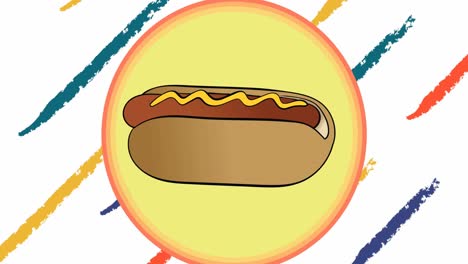 animación de un perrito caliente en círculo amarillo con líneas diagonales dibujadas de colores sobre fondo blanco