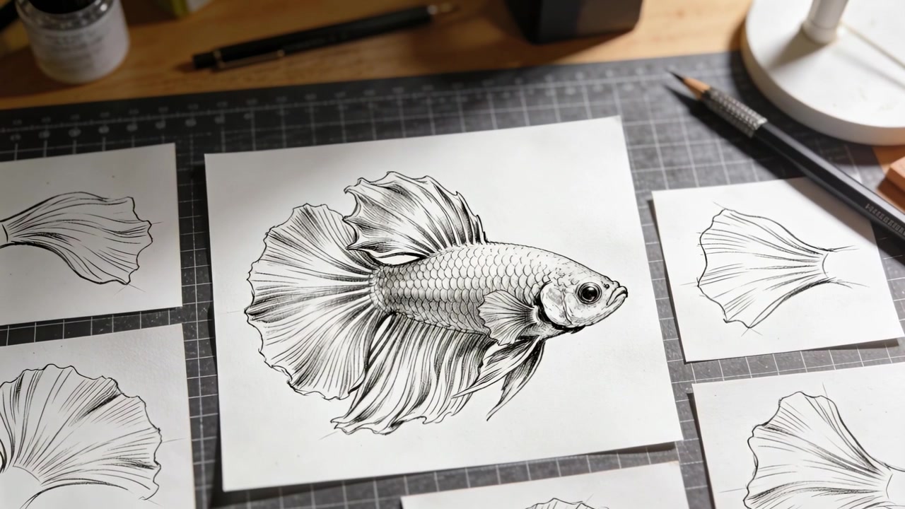 Telecamera stabilizzata che avanza, si inclina per mostrare un disegno di pesce a inchiostro al centro su un tappetino, con una penna.