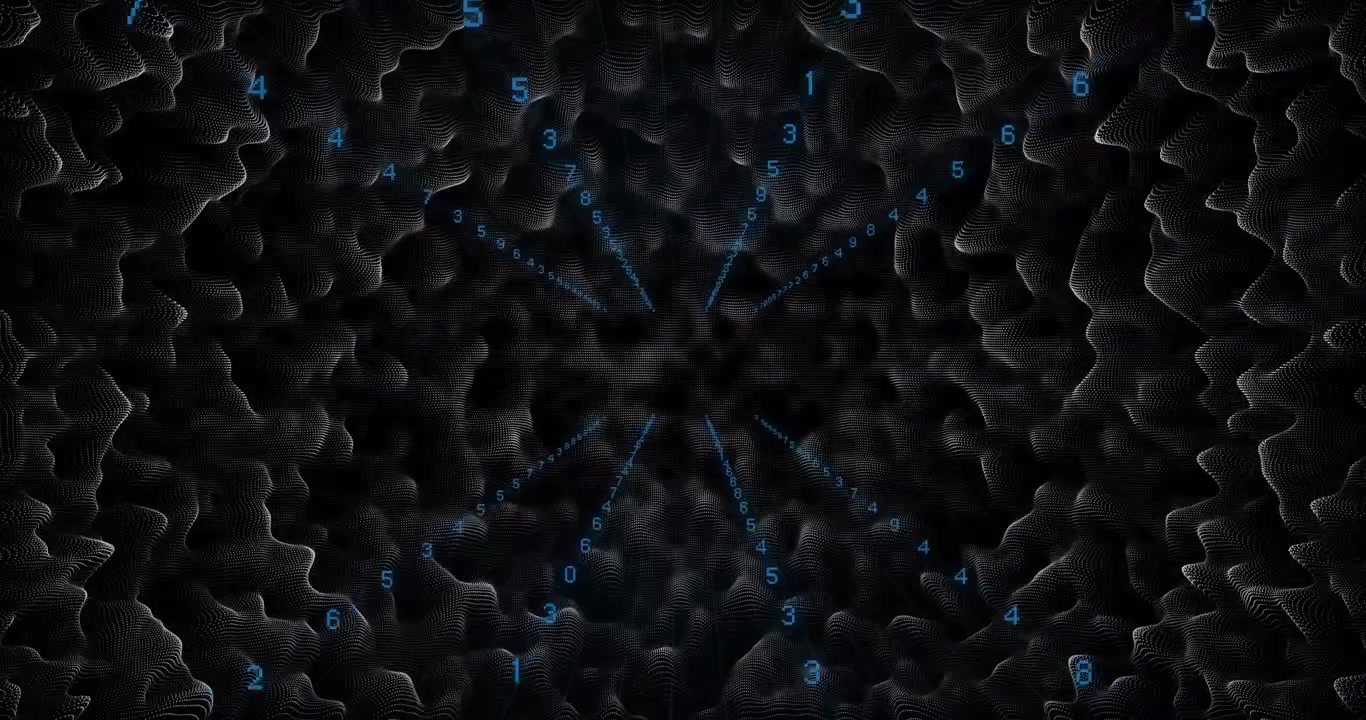 Starting radial array of ten blue digits converging, rotating, morphing while visualizing data flow