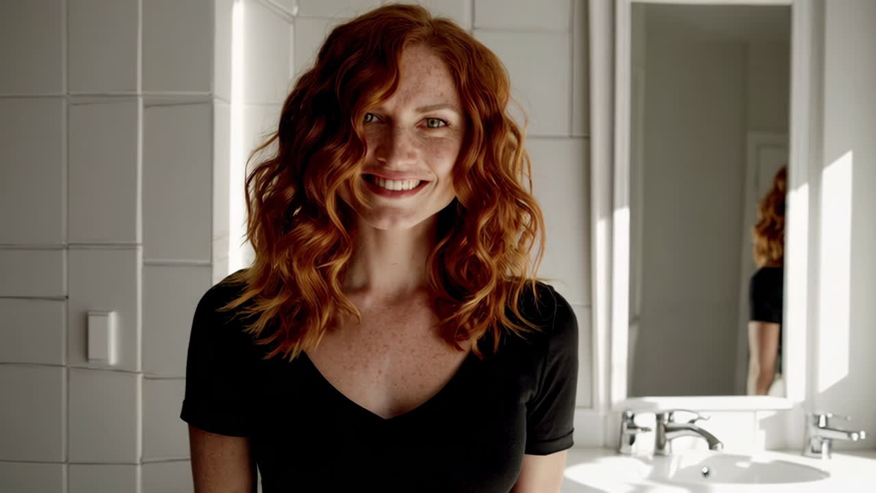 Woman with Red Curly Hair in a Bathroom
