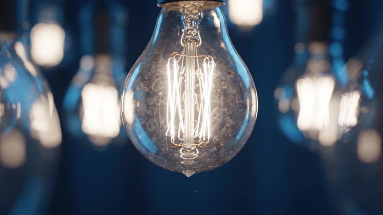 Lâmpadas Vintage Iluminadas Penduradas na Atmosfera com um Fundo Azul Suave, Criando um Ambiente Aconchegante com Brilho Quente e Design de Filamento Único