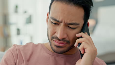 Teléfono,-Enfermo-Y-Triste-Con-Un-Hombre-Infeliz-De-Guardia-Para