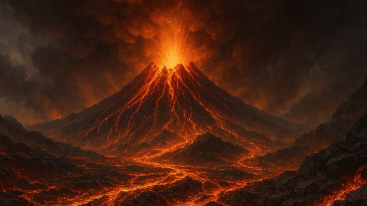 Concetto video drammatico di un vulcano in eruzione con lava che scorre, ripreso da una angolazione bassa