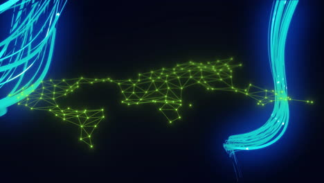 animation of network of connections with light trails over world map