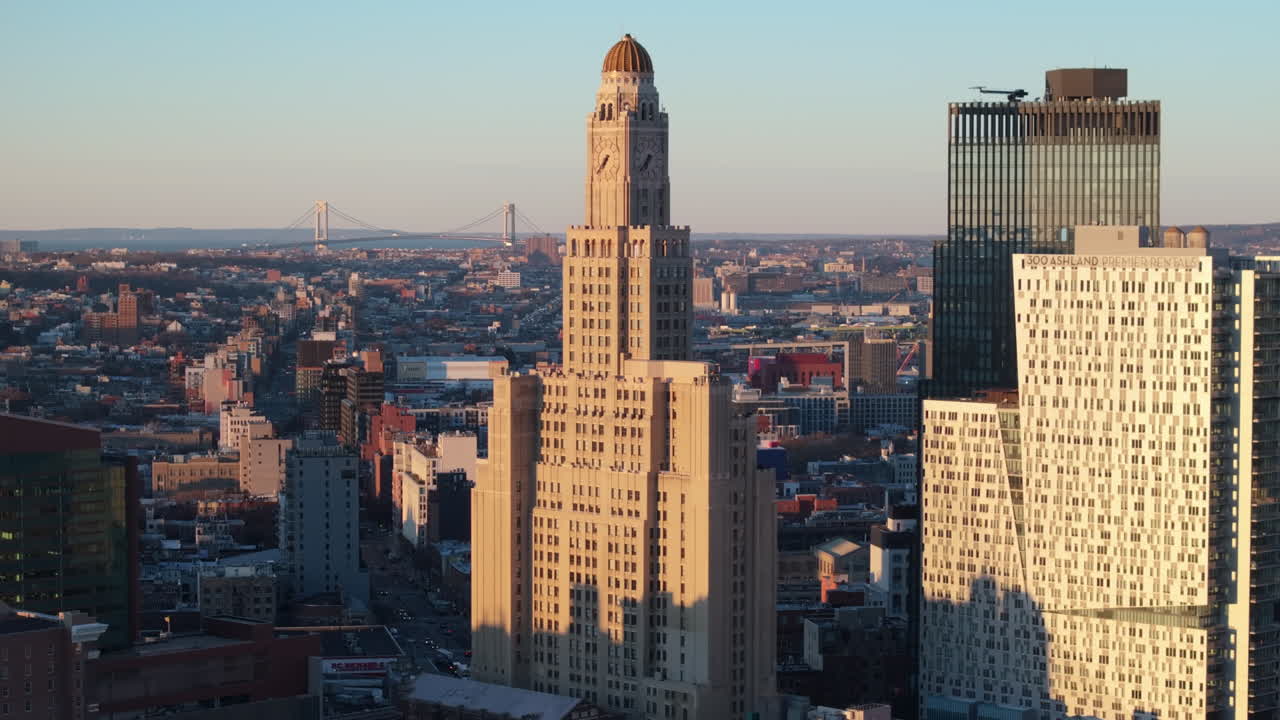 Aerial view of One Hanson Place aka The Brooklyn Clock Tower. Shot at sunrise in Fort Greene.