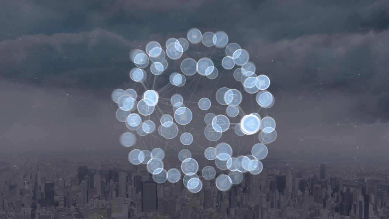 도시 풍경 위의 미디어 아이콘의 애니메이션