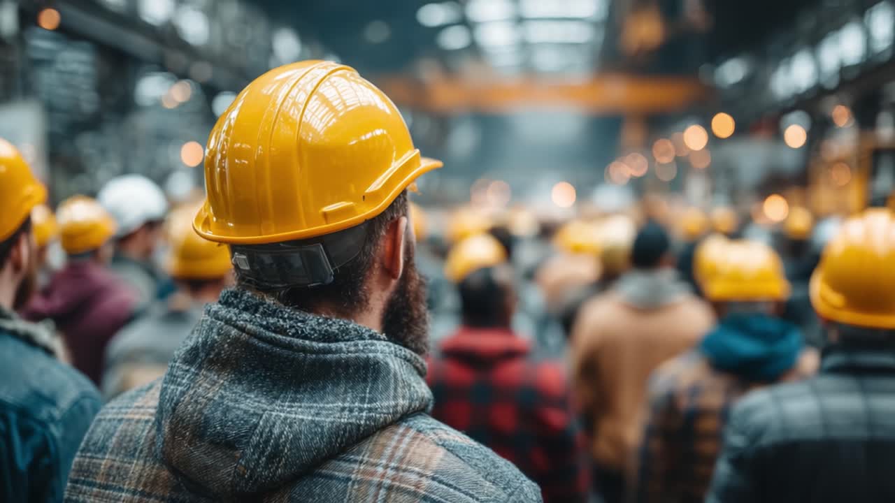 A Gathering of Workers: Observing the Enthusiastic Crowd of Construction Professionals in Helmets, Ready for the Next Big Announcement in an Industrial Setting