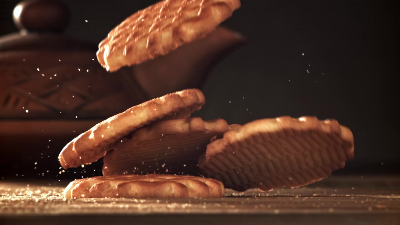 Biscotti deliziosi che cadono su una superficie di legno al rallentatore