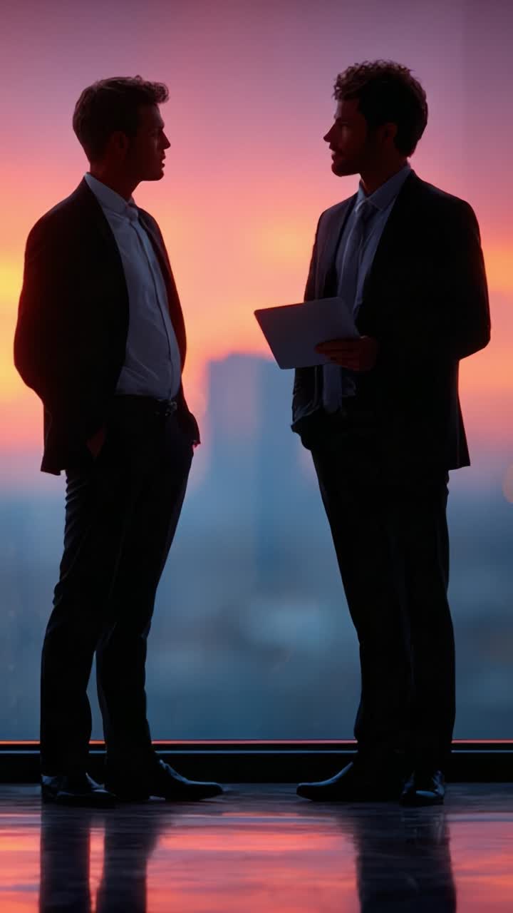 Due professionisti impegnati in una conversazione approfondita con uno sfondo drammatico al tramonto, che evidenzia i temi della collaborazione e dell'innovazione