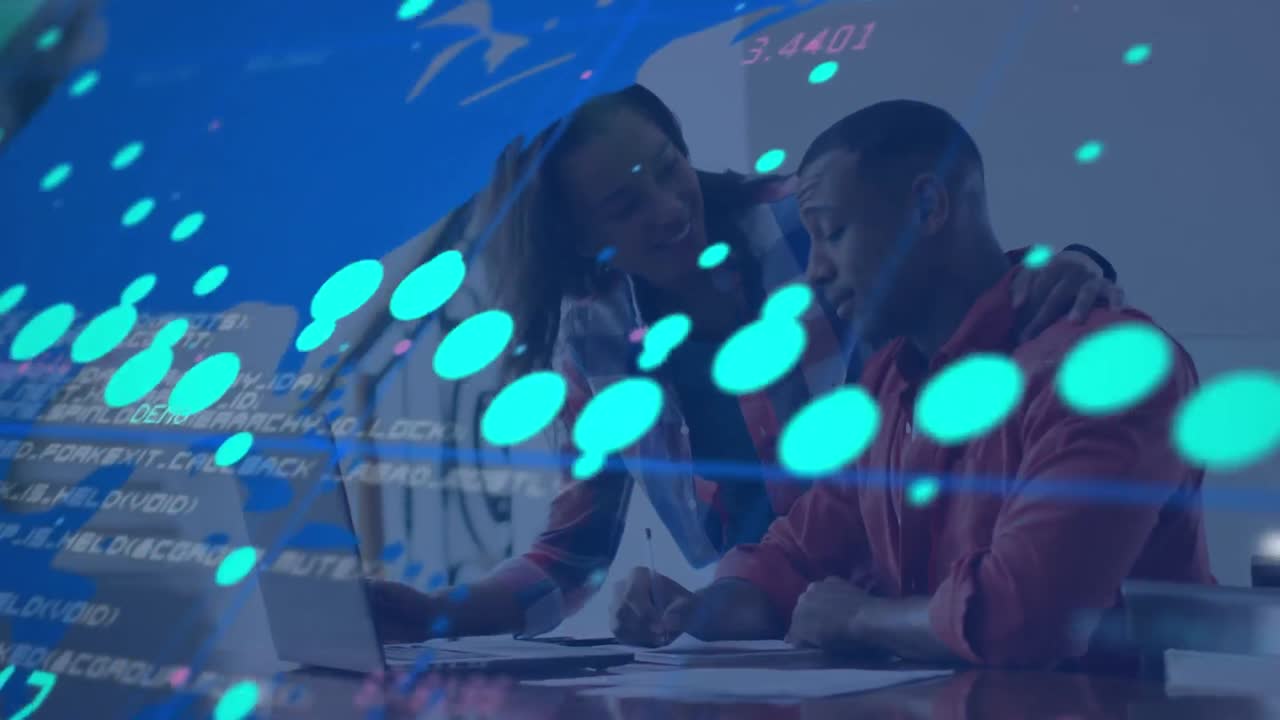 Animation of data processing over diverse business people talking