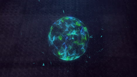 rotating globe with geometric shapes and particles animation over dark background