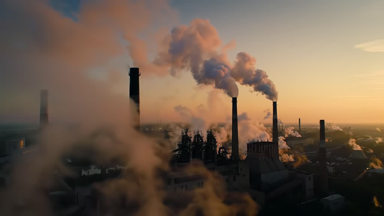 Industrial Pollution: An Aerial View of Smoke Emitting from Factories at Sunset, Highlighting the Environmental Impact and Urban Development