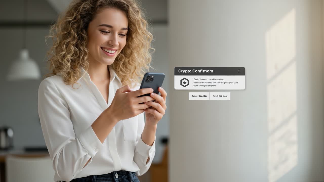 Engaging Young Woman Confirms Cryptocurrency Transactions on Smartphone, Smiling in Modern Workspace with a Bright Atmosphere and Contemporary Decor
