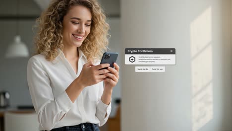 engaging young woman confirms cryptocurrency transactions on smartphone, smiling in modern workspace with a bright atmosphere and contemporary decor