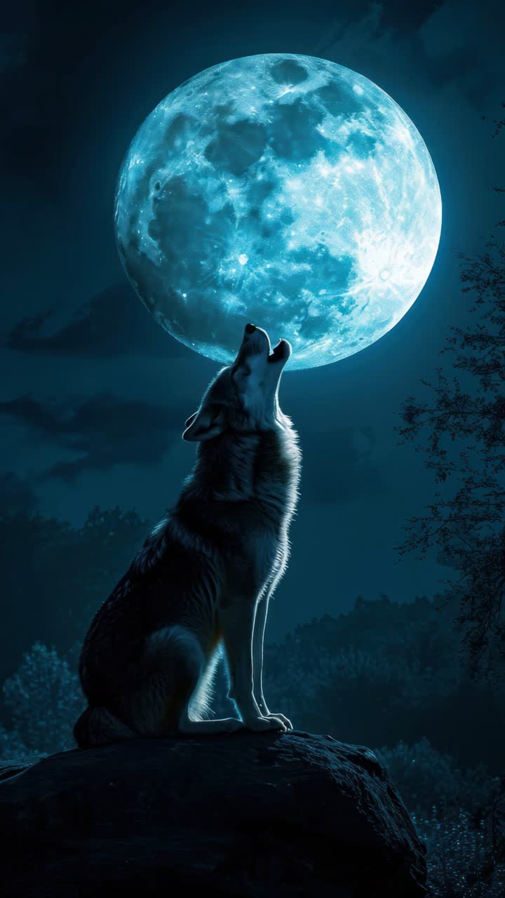 A wolf howling at a luminous full moon in a night forest. Captured from a low angle, this scene