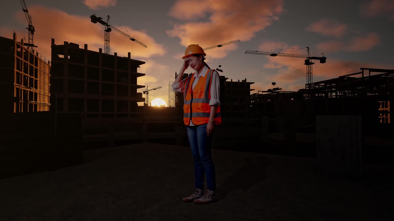 Full Body Side View Of Asian Female Engineer With Safety Helmet Having A Headache While Working At Construction Site in Progress to New House