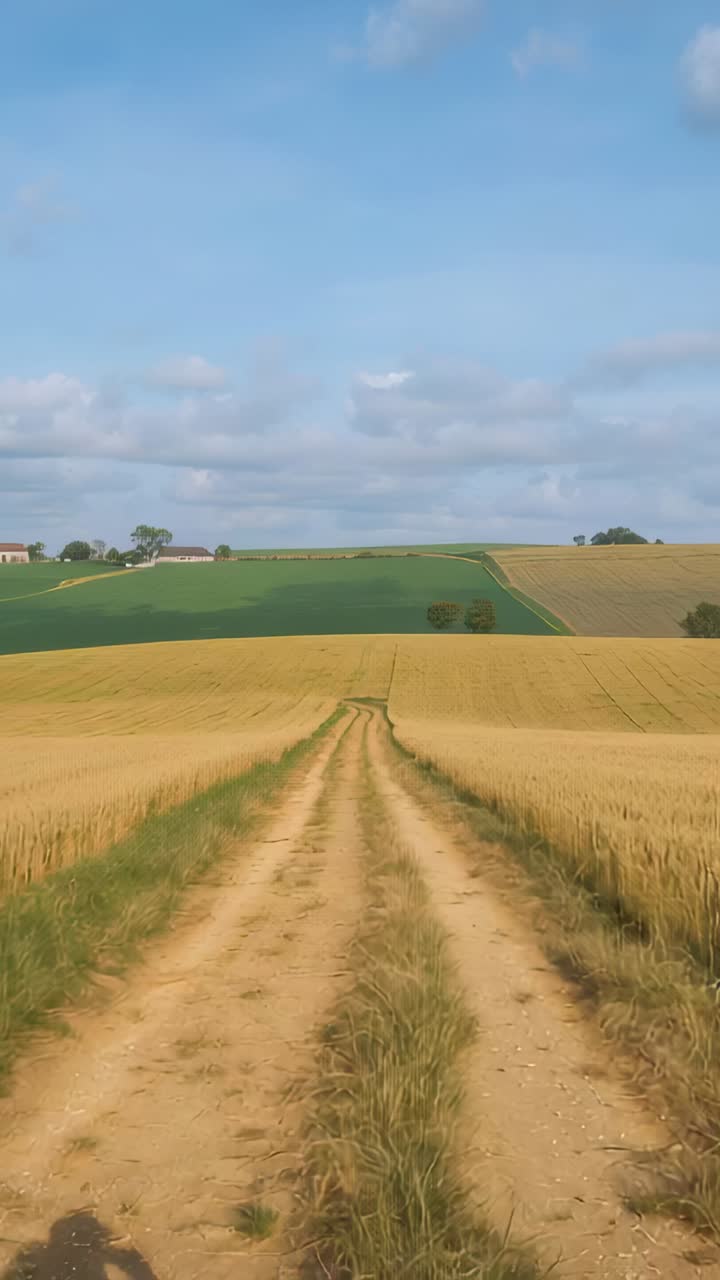 Vertical video: Starting shadow with camera moving along farm lane past wheat showing barns