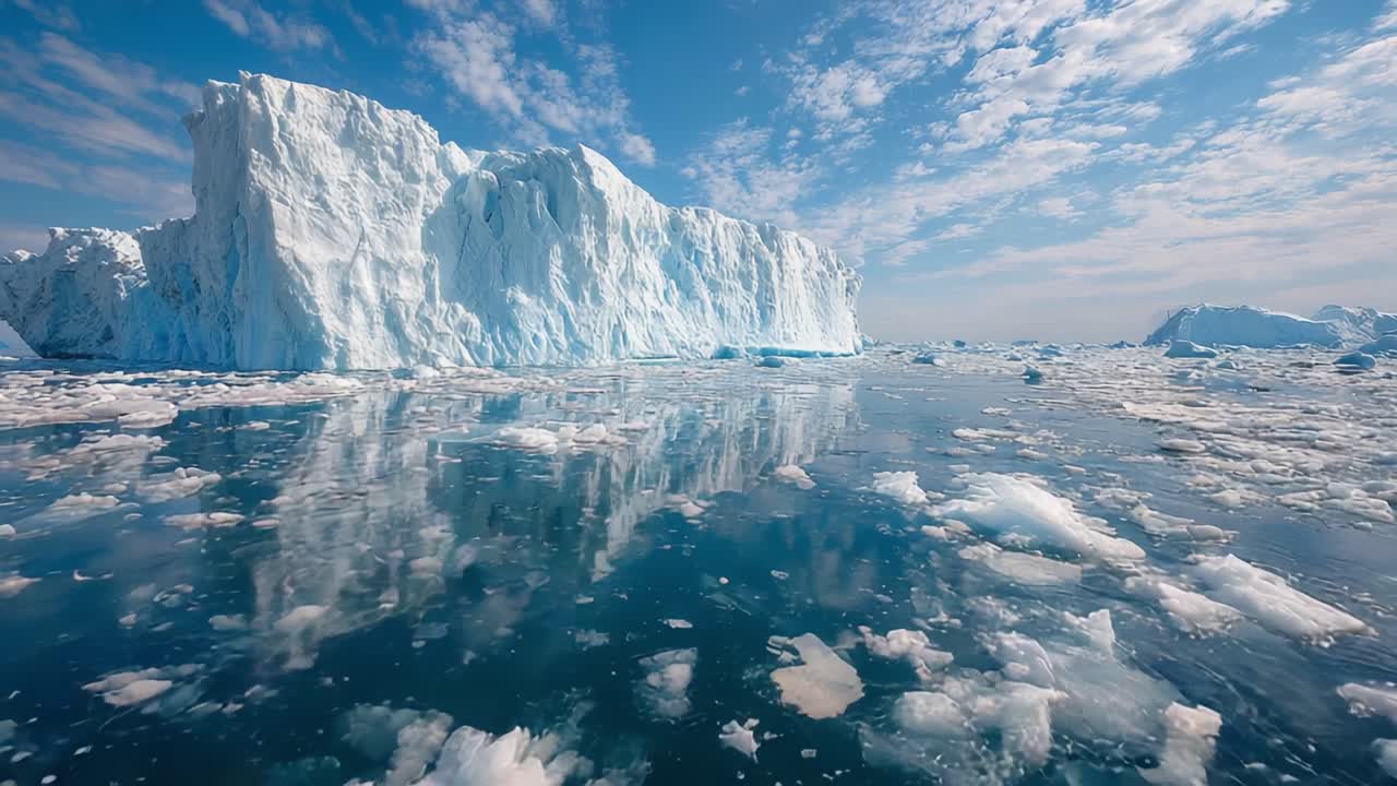 Majestic Icebergs on Calm Waters: A Stunning View of Glacial Landscape Reflecting the Sky, Highlighting Nature’s Beauty and the Effects of Climate Change