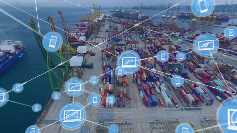 animation of network of connections with icons over shipping yard