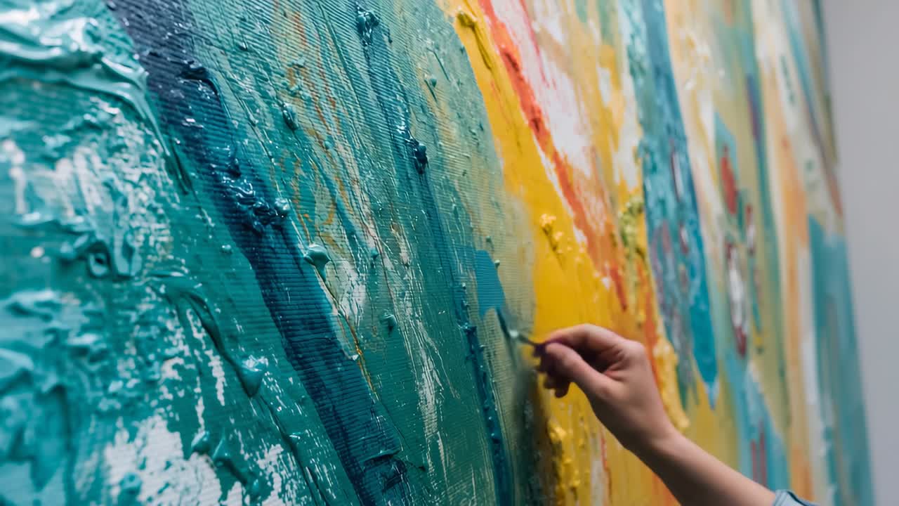 Hand approaching canvas, pressing brush into teal blending yellow orange creating artwork in studio