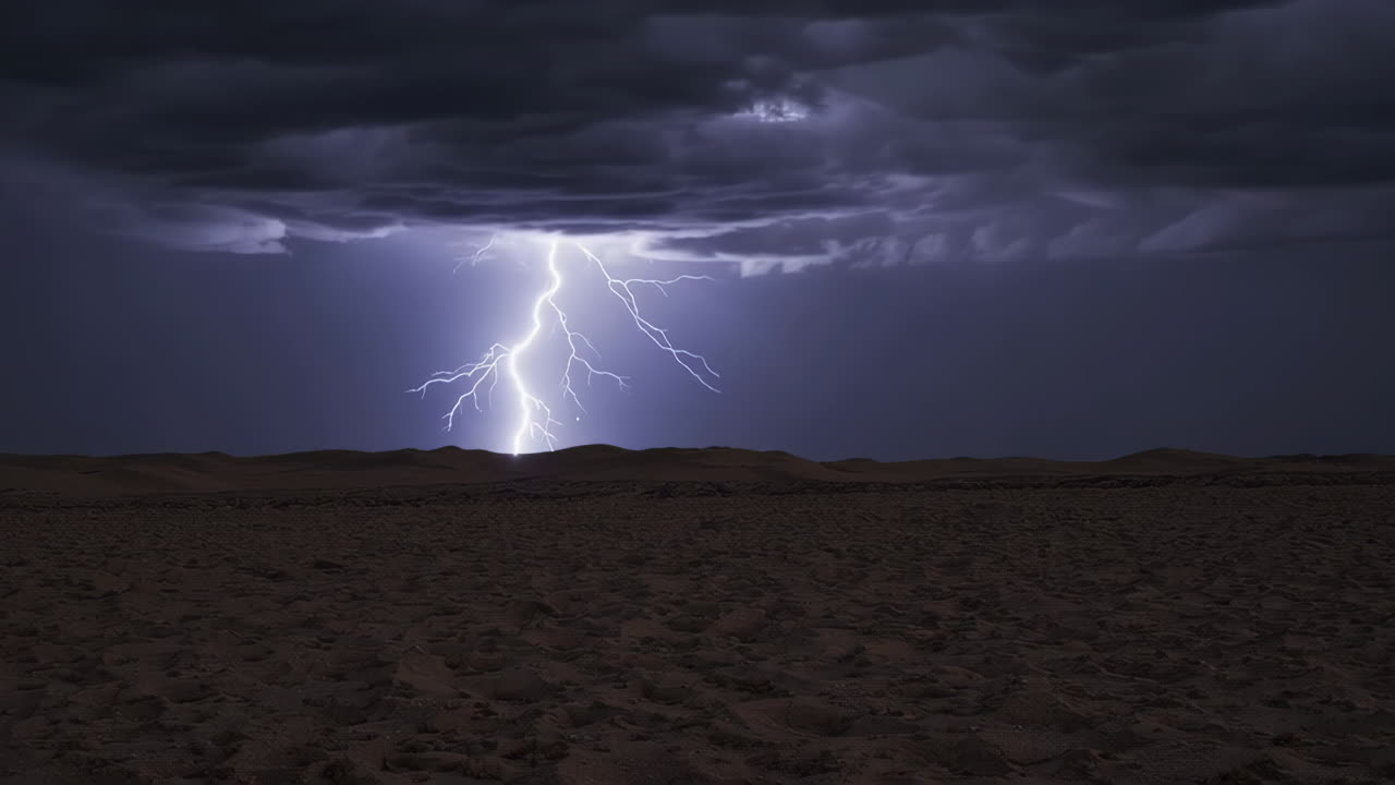 Lightning striking a desert landscape during a thunderstorm