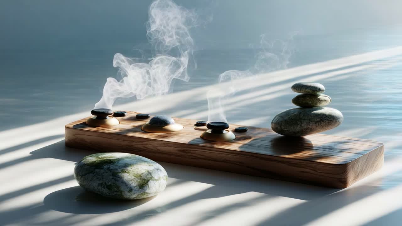 An Ethereal Arrangement of Stones on a Smooth Surface with Wispy Smoke Rising, Highlighting a Serene and Calming Atmosphere in Natural Light and Soft Shadows